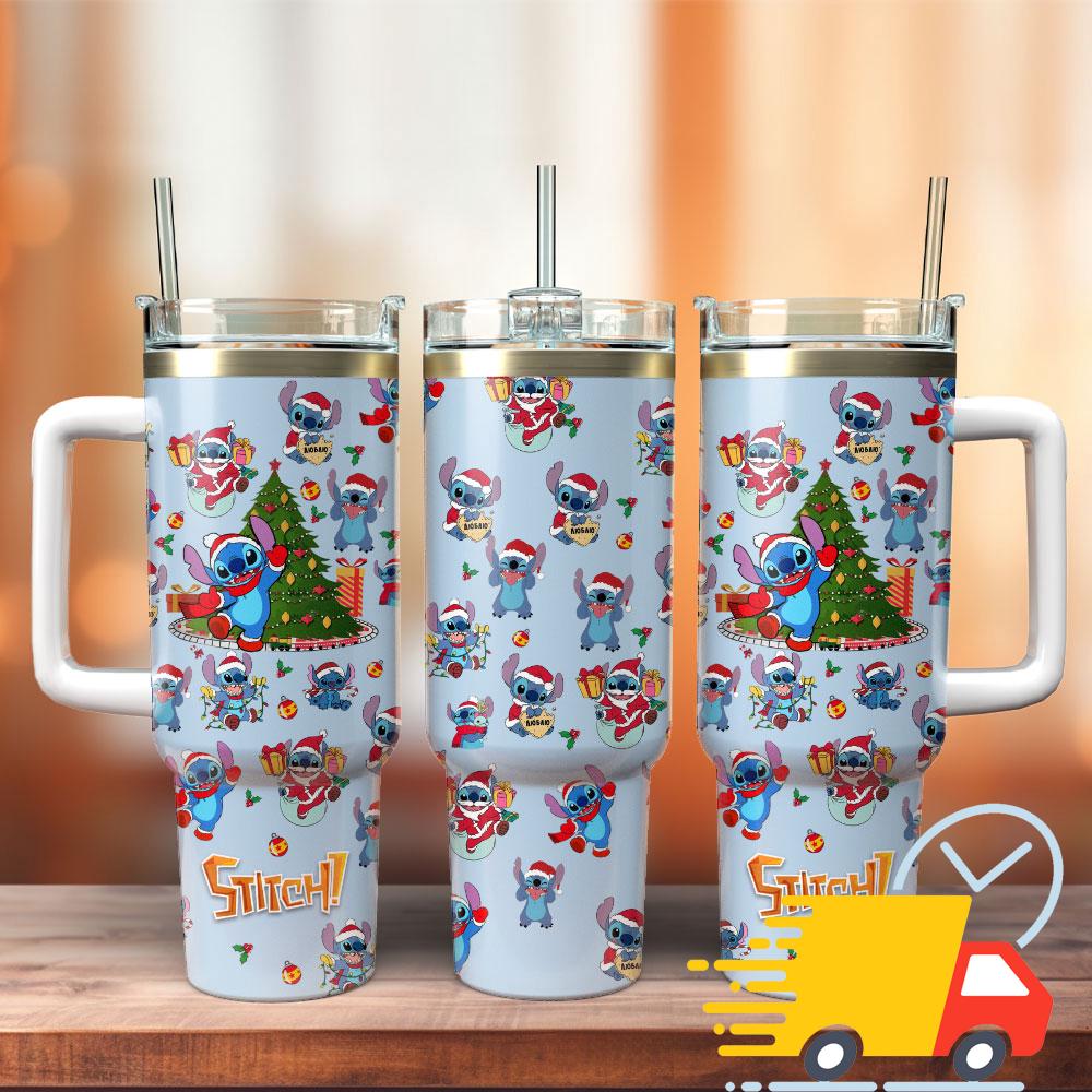 Stitch Cartoon Christmas Custom Stanley Quencher 40oz Stainless Steel Tumbler