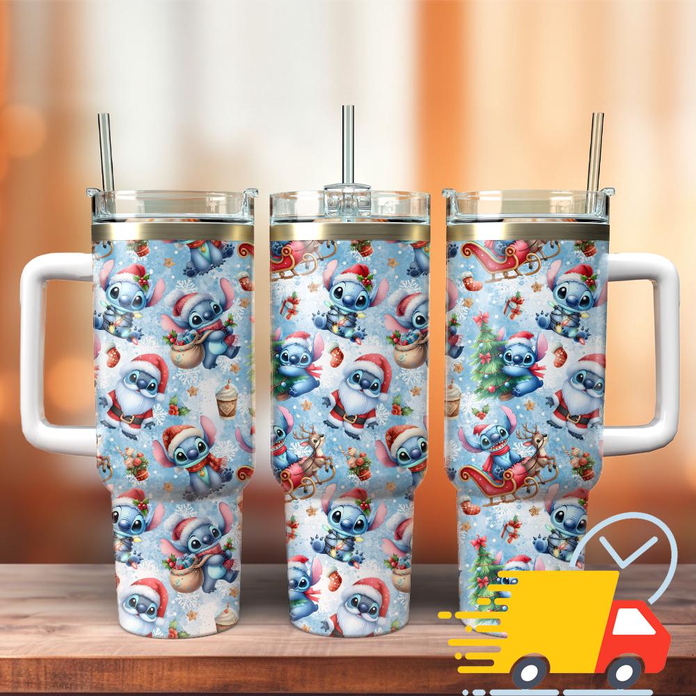 Stitch Cartoon Christmas Custom Stanley Quencher 40oz Stainless Steel Tumbler With