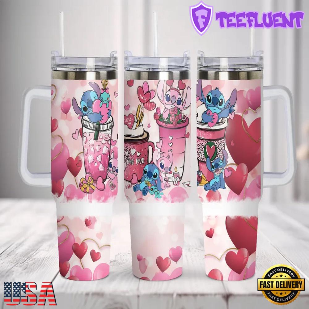 Stitch Disney Cartoon Valentine Stainless Steel Tumbler With Handle