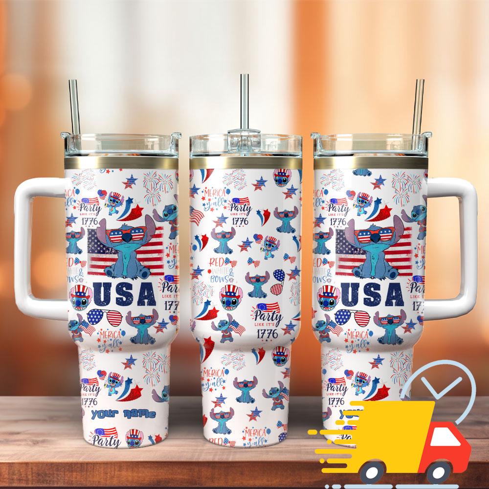 Stitch Independence Day Custom Stanley Quencher 40oz Stainless Steel Tumbler With Handle