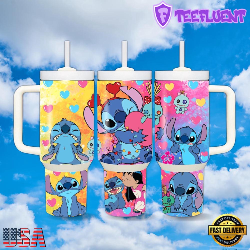 Stitch Love Heart Valentine Stainless Steel Tumbler With Handle