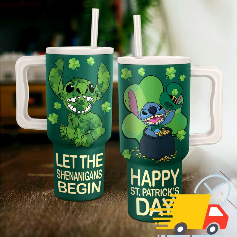 Stitch St. Patrick's Day Disney Cartoon Custom Stanley Quencher 40oz Stainless Steel Tumbler With Handle