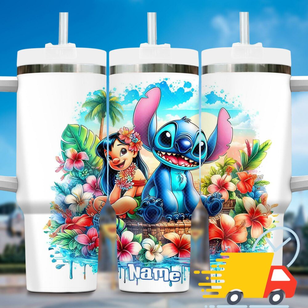 Stitch Summer Watercolor Art Cartoon Custom Stanley Quencher 40oz Stainless Steel Tumbler With Handle