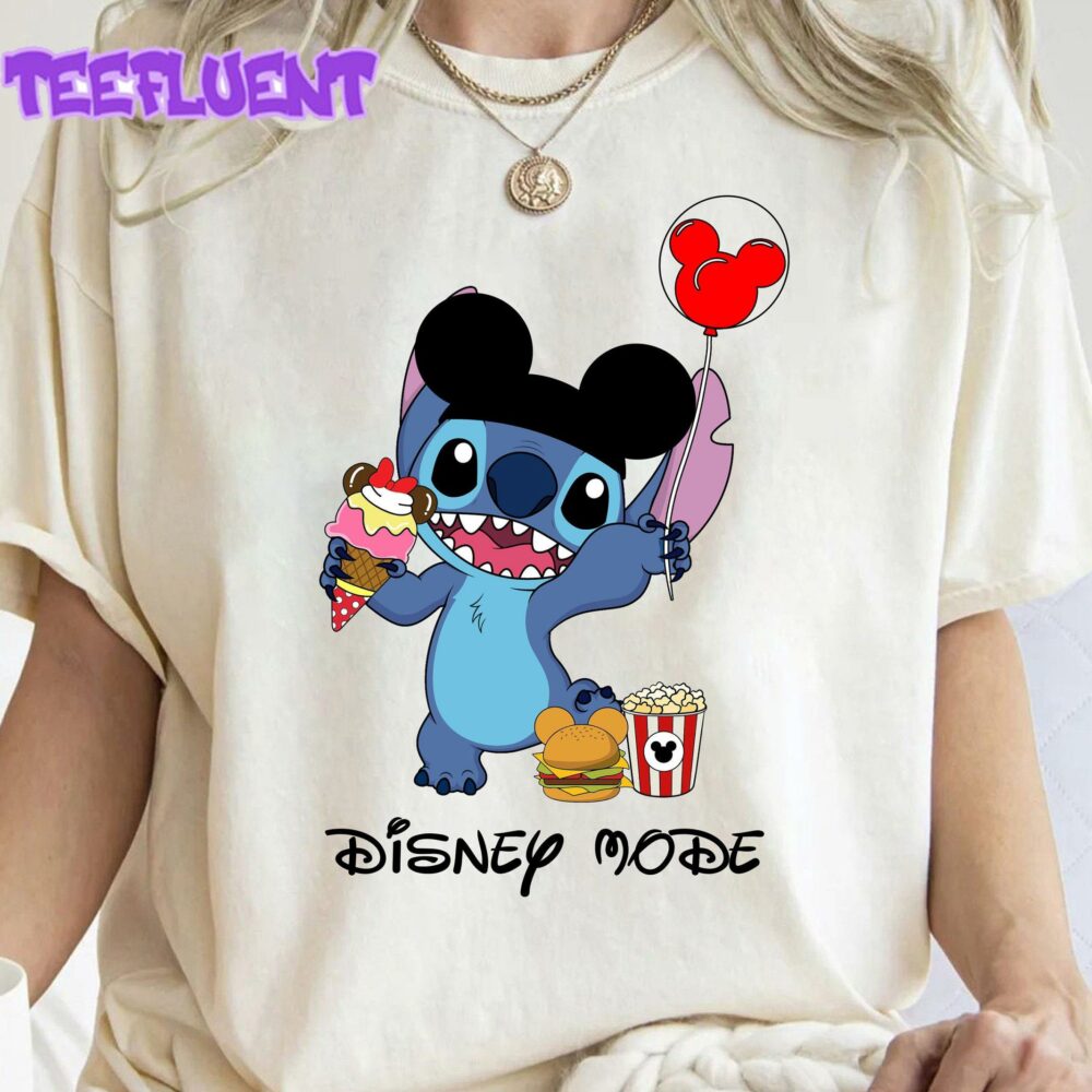 Stitch With Mickey Ear Balloon Eat Ice Cream Disney Mode Funny T-Shirt