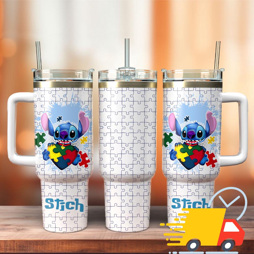 Stitch x Puzzle Disney Cartoon Custom Stanley Quencher 40oz Stainless Steel Tumbler With Handle