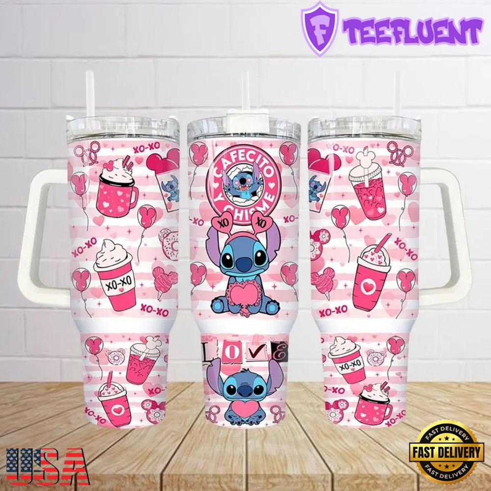 Stitch Xoxo Cartoon Valentine Stainless Steel Tumbler With Handle