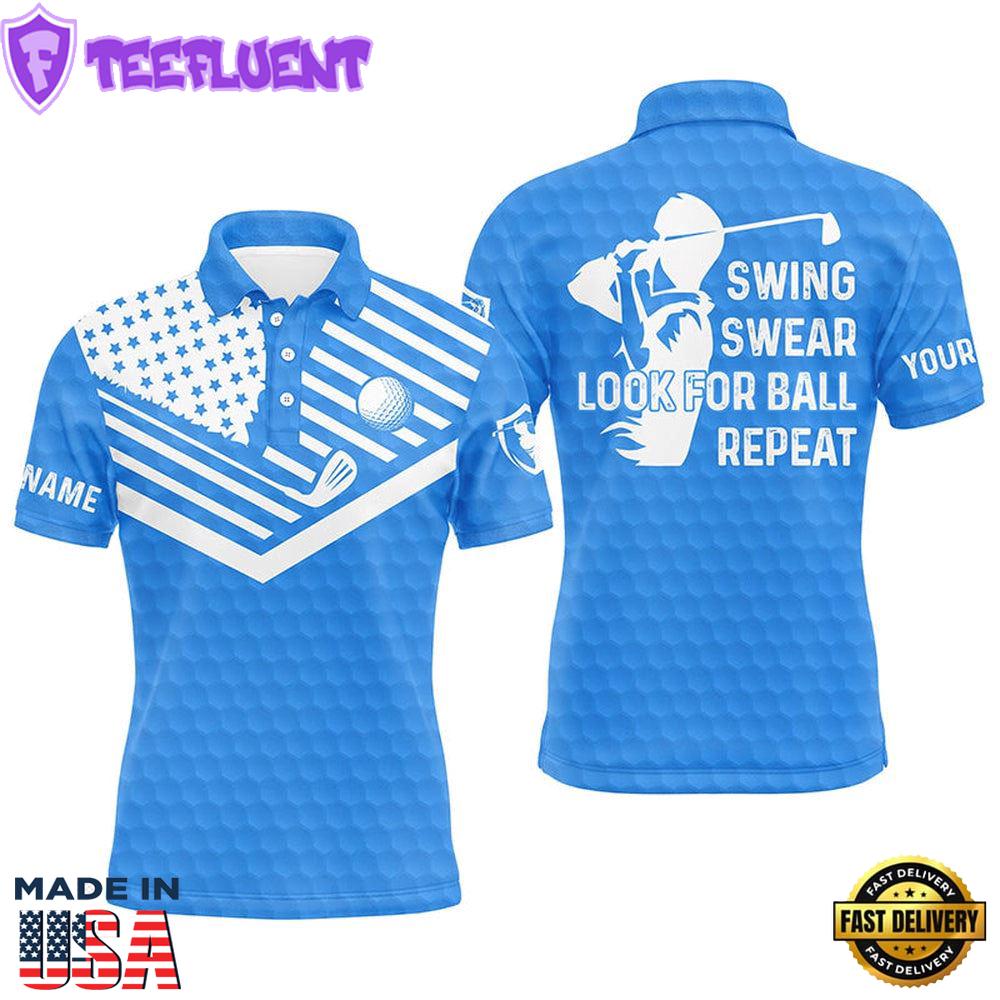 Swing Swear Look For Ball Repeat American Flag Custom Name Team Golf Polo Shirts Blue