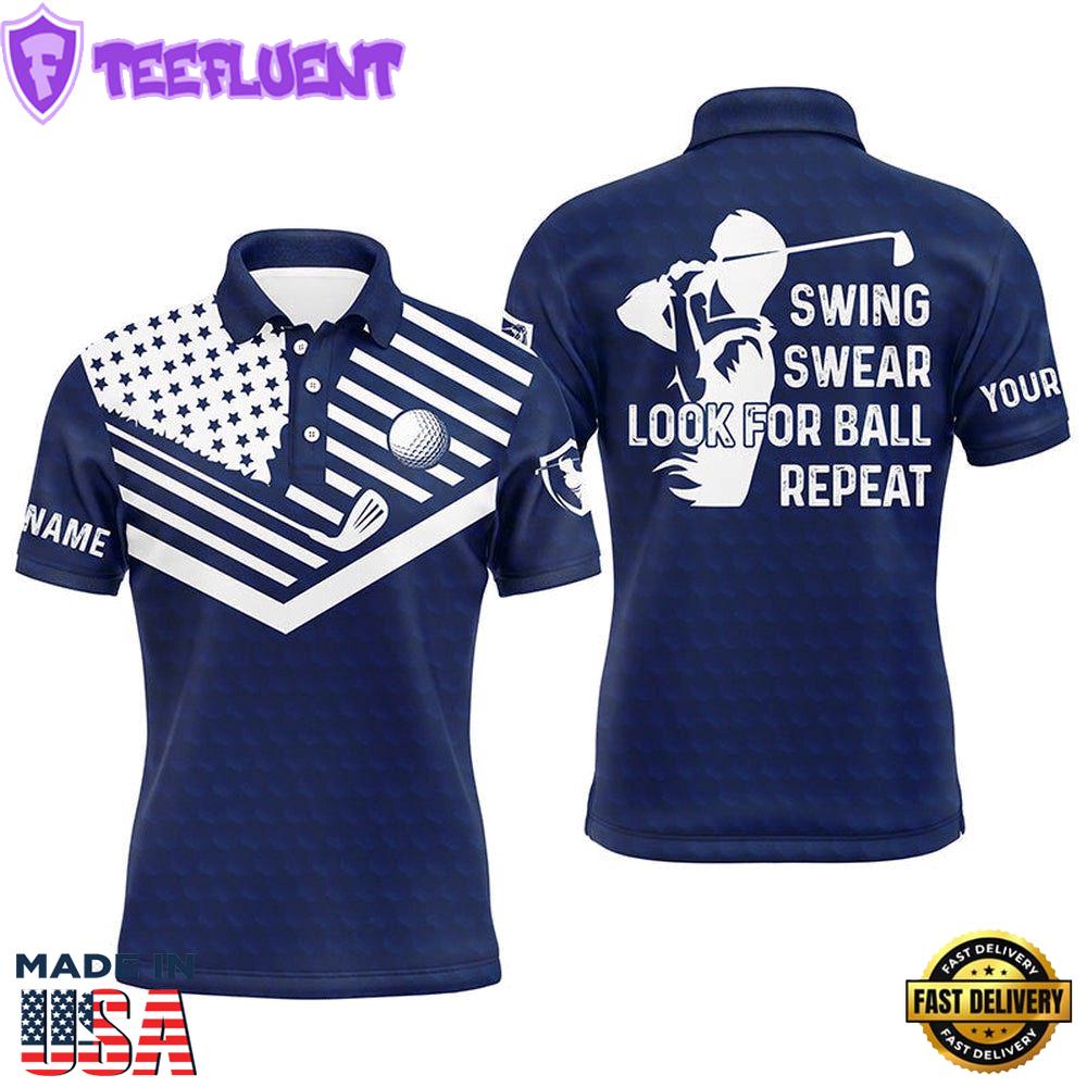 Swing Swear Look For Ball Repeat American Flag Custom Name Team Golf Polo Shirts Navy Blue