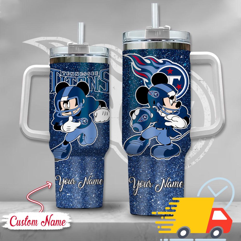Tennessee Titans NFL Mickey Mouse Glitter Custom Stanley Quencher 40oz Stainless Steel Tumbler With Handle