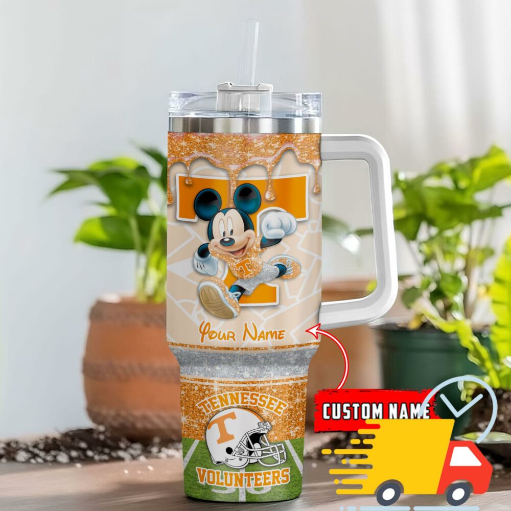 Tennessee Volunteers NCAA Mickey Mouse Glitter Custom Stanley Quencher 40oz Stainless Steel Tumbler With Handle