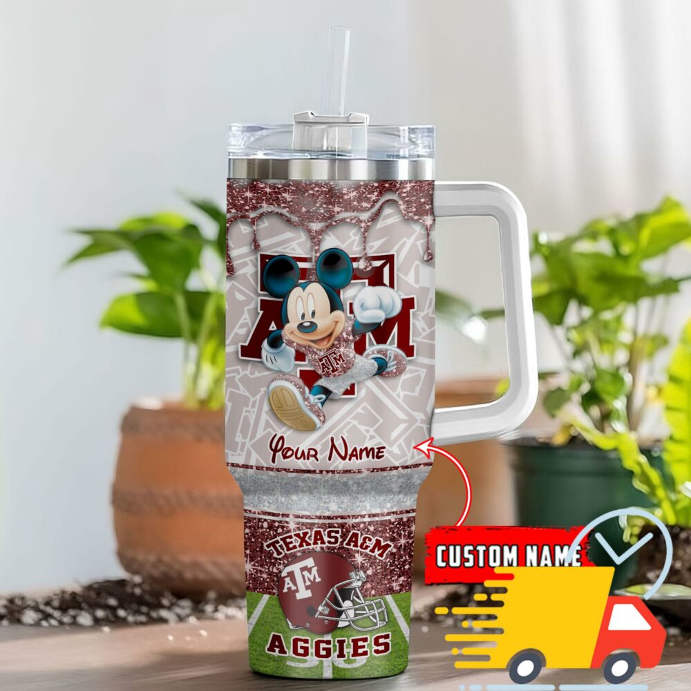 Texas A&M Aggies NCAA Mickey Mouse Glitter Custom Stanley Quencher 40oz Stainless Steel Tumbler With Handle