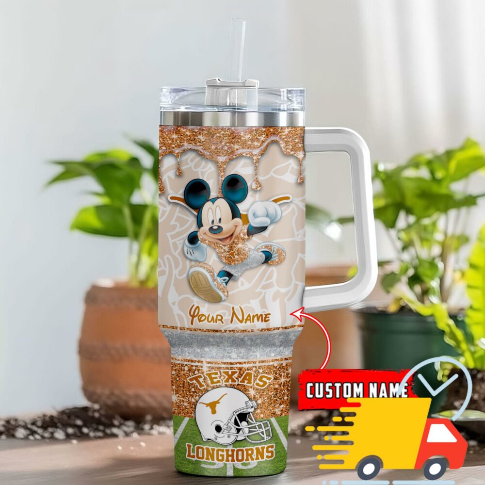 Texas Longhorns NCAA Mickey Mouse Glitter Custom Stanley Quencher 40oz Stainless Steel Tumbler With Handle