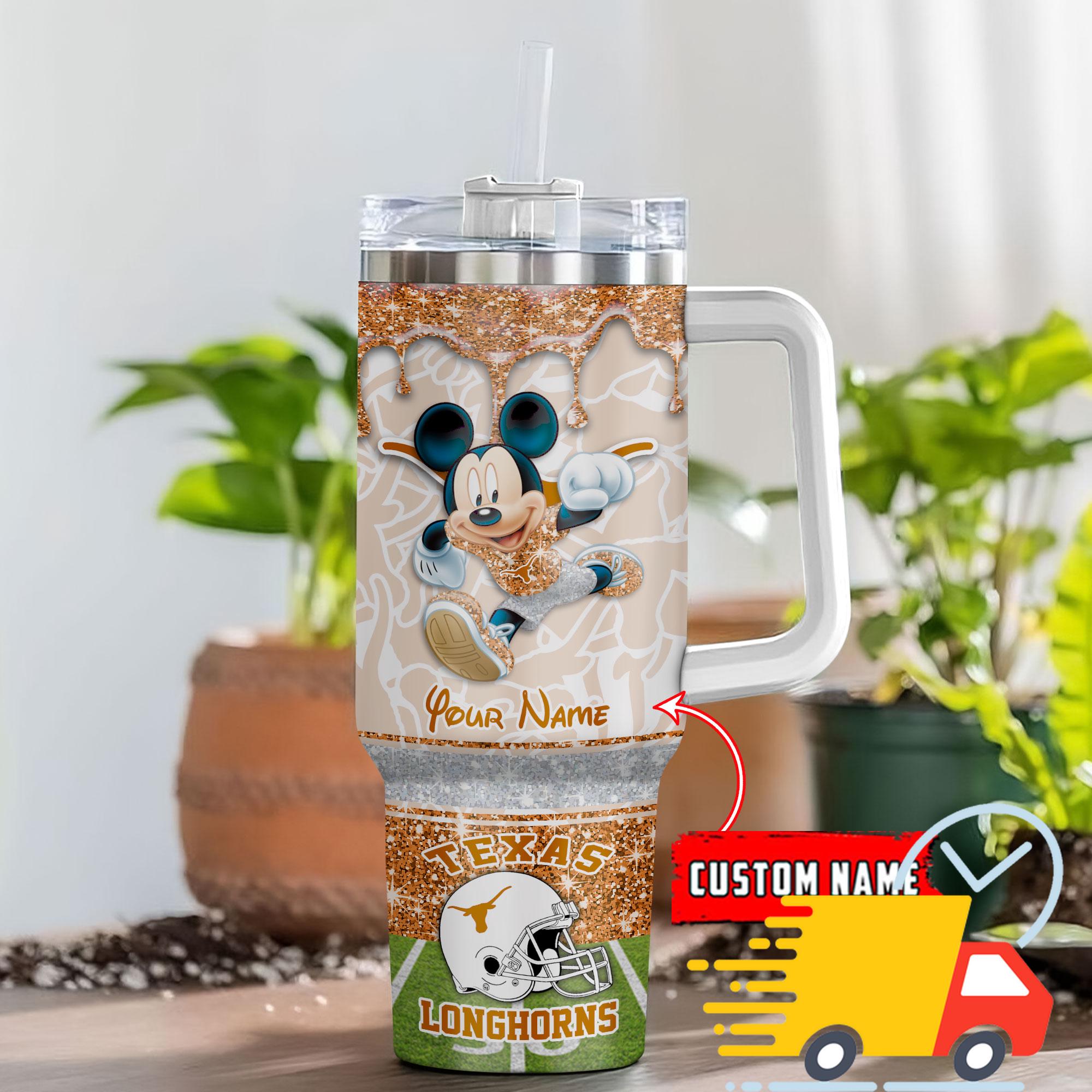Texas Longhorns NCAA Mickey Mouse Glitter Custom Stanley Quencher 40oz Stainless Steel Tumbler With Handle For Fans Texas Longhorns NCAA Mickey Mouse Glitter Custom Stanley Quencher 40oz Stainless Steel Tumbler With Handle For Fans