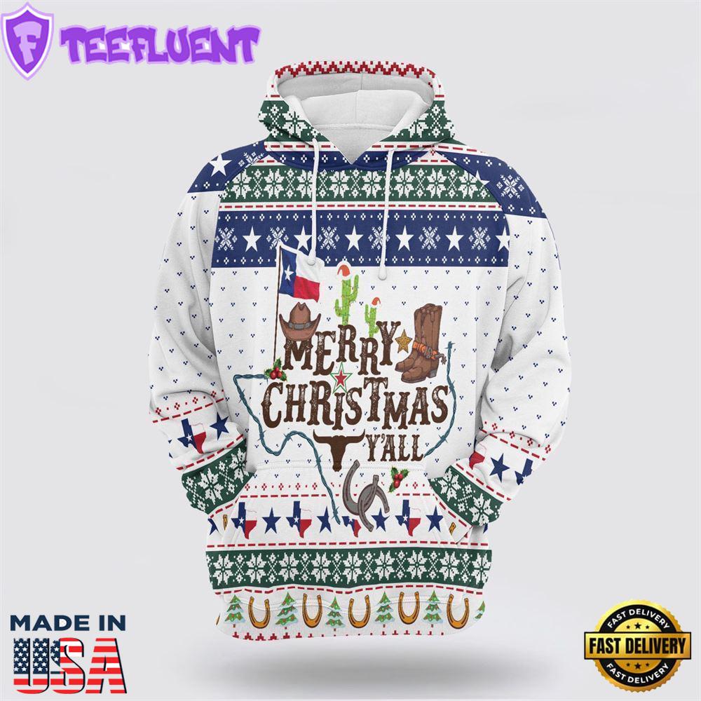 Texas Merry Christmas Y'all All Over Print 3D Hoodie