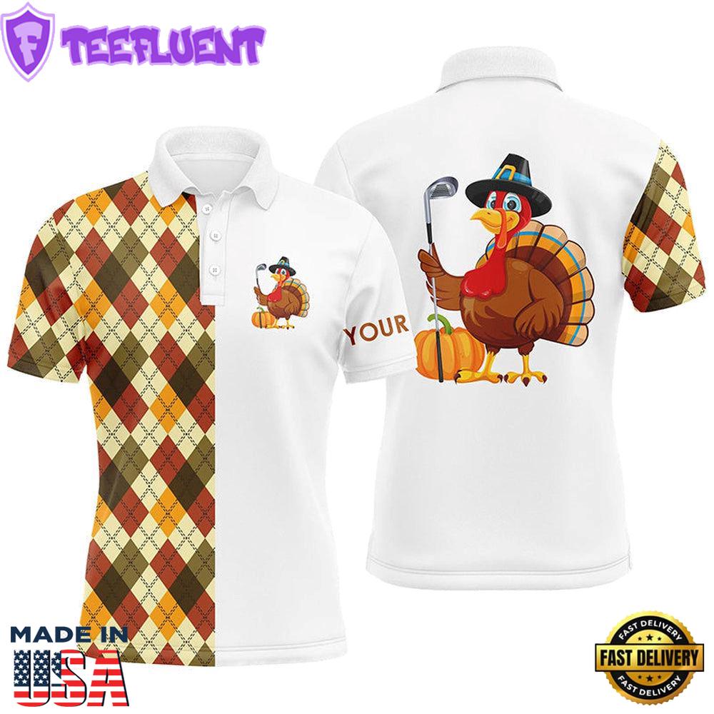 Thanksgiving Argyle Plaid Pattern Custom Mens Golf Polo Shirt, Turkey Bird Golf Tops