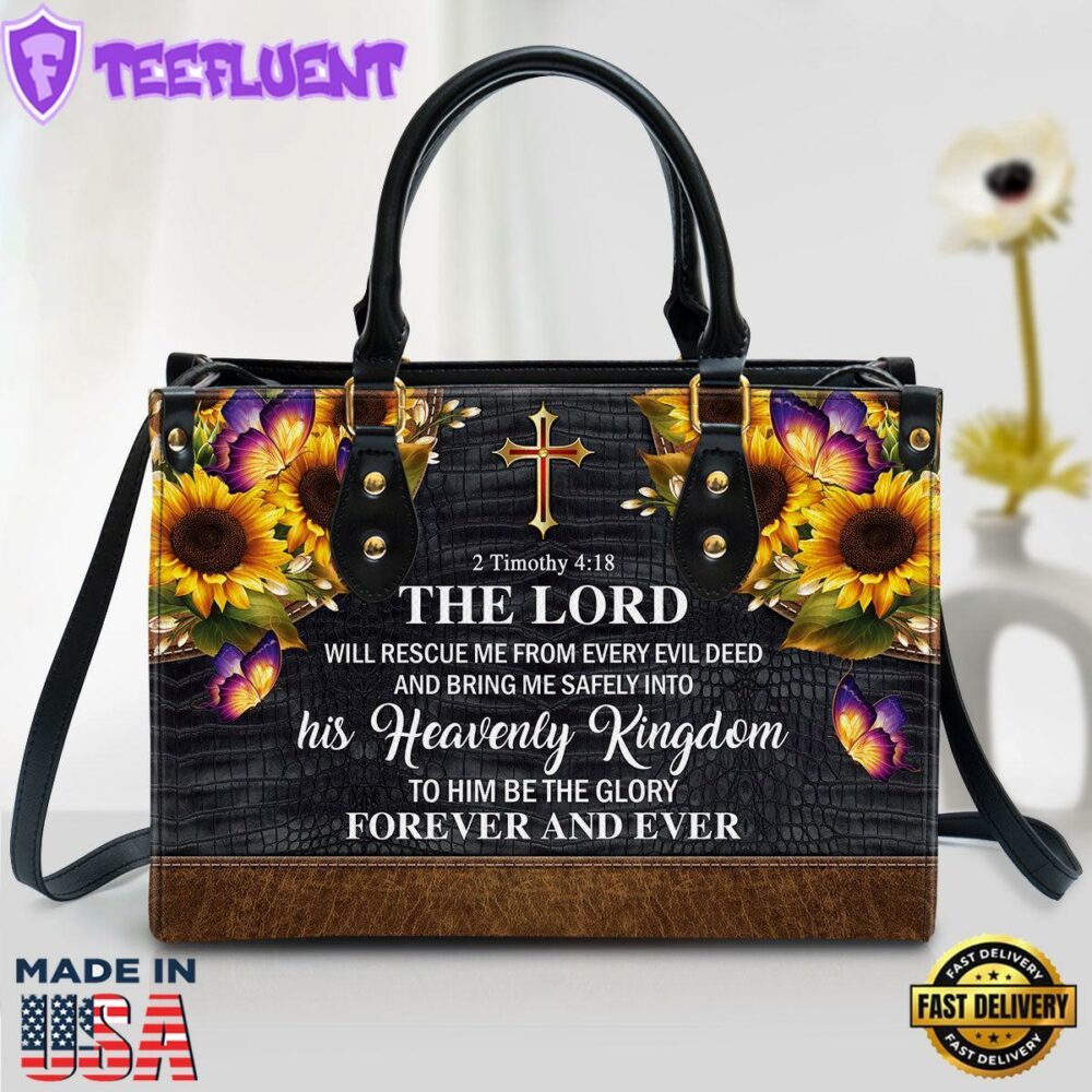 The Lord Will Rescue Me From Every Evil Deed Beautiful Sunflower Leather Handbag Christ Gifts Leather Bags