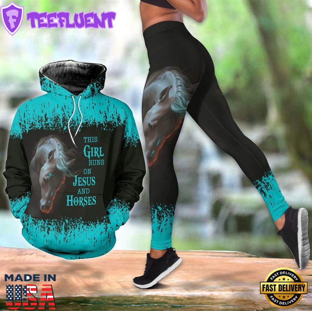 This Girl Run On Jesus &amp Horse All Over Print Leggings Hoodie Set Outfit For Women Gift Xmas