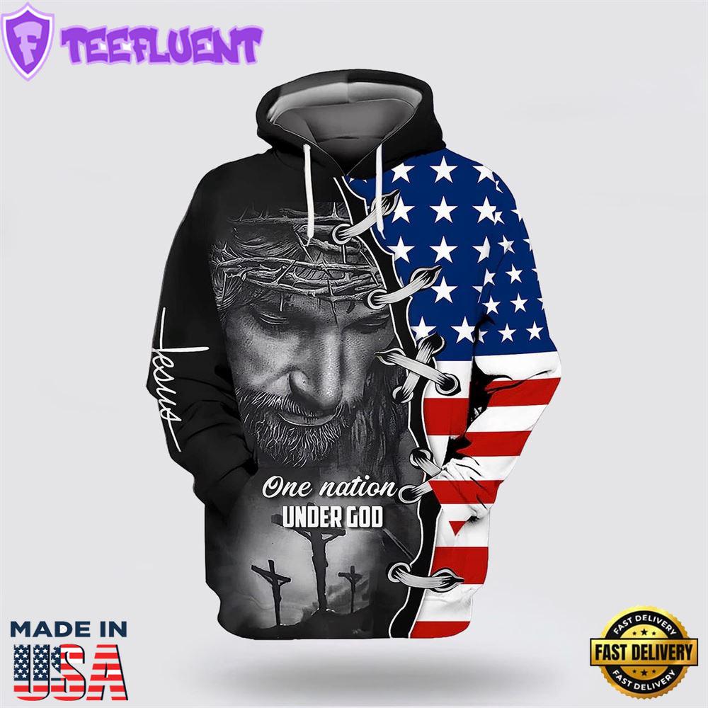 Three Crosses One Nation Under God Jesus Wreath American Flag 3D Hoodies For Women Men