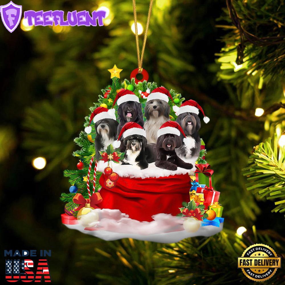 Tibetan Terrier Dogs In A Gift Bag Christmas Ornament, Gift For Christmas