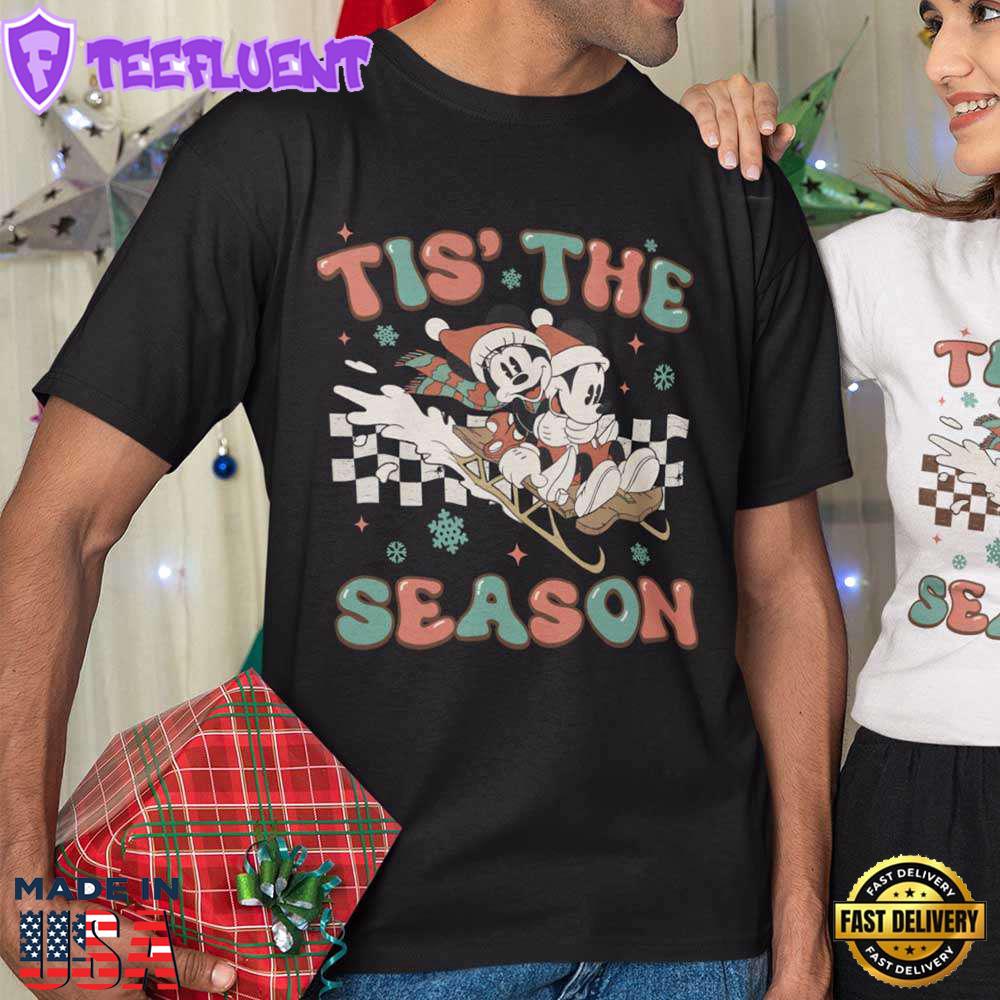 Tis The Season Checkerboard Mickey And Minnie Skiing Sleigh Ride Christmas T-shirt Disney