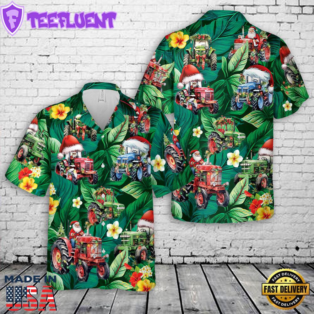 Tractor Christmas Tropical Leaves Hawaiian Shirt