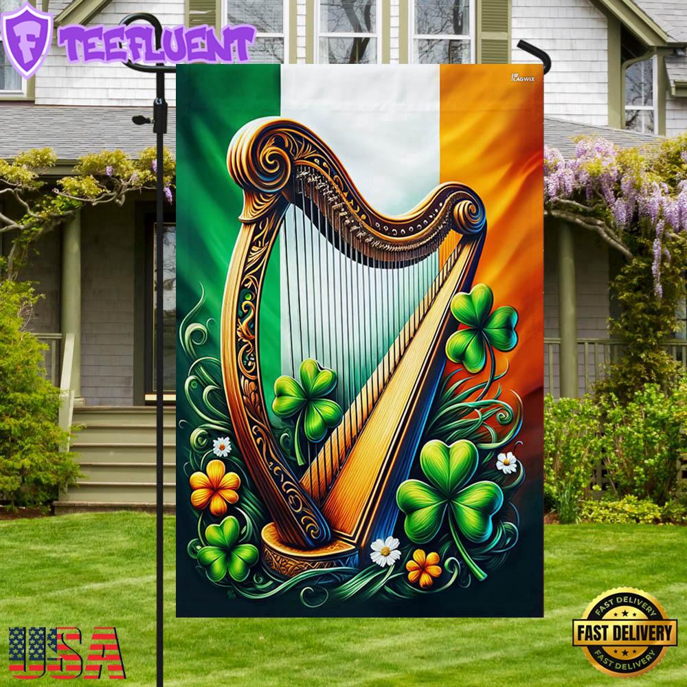 Traditional Harp and Shamrocks Irish St. Patrick's Day House And Garden Flag