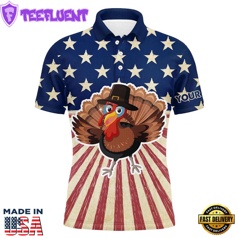 Turkey Bird Thanksgiving American Flag Men Golf Polo Shirt Mens Patriotic Golf Tops Golf Gifts