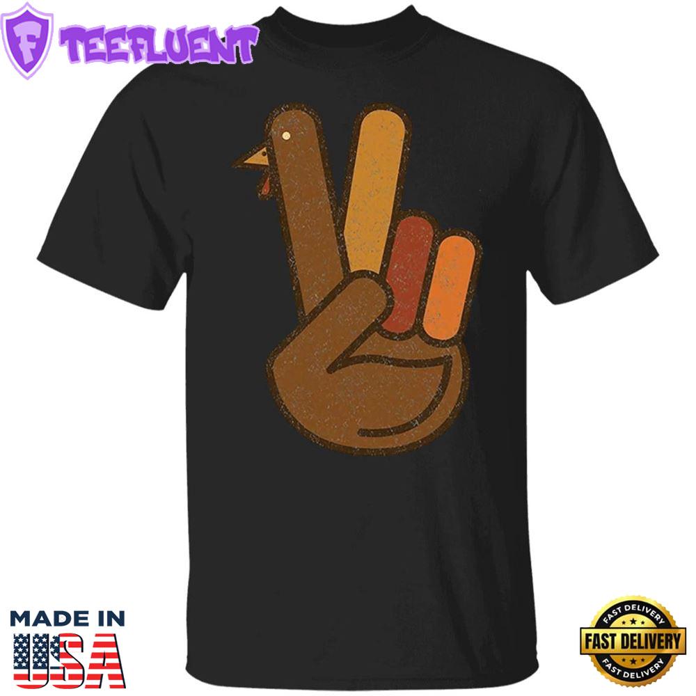 Turkey Peace Sign Hand T-Shirt Thanksgiving V Sign Hand Basic Graphic Tees Gifts For Friends