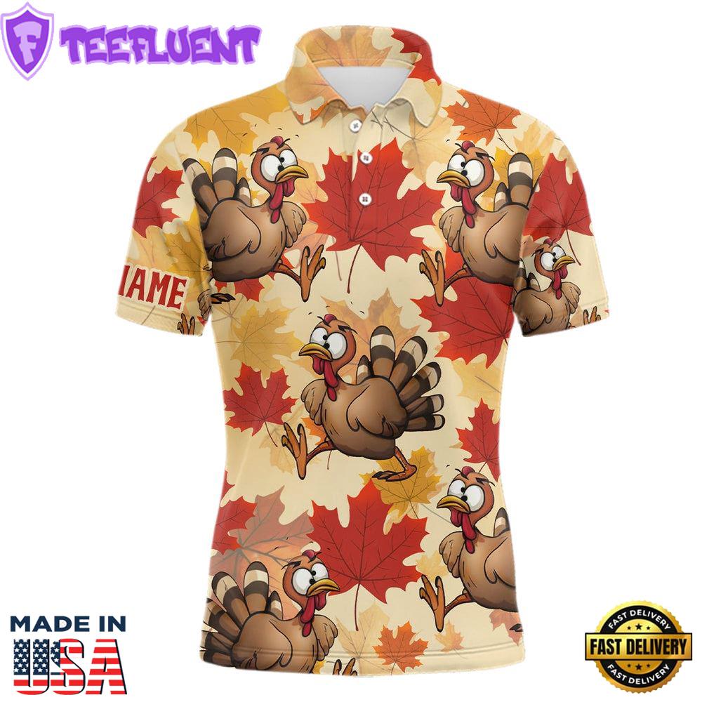 Turkey Thanksgiving Mens Golf Polo Shirt Fall Maple Leaves Custom