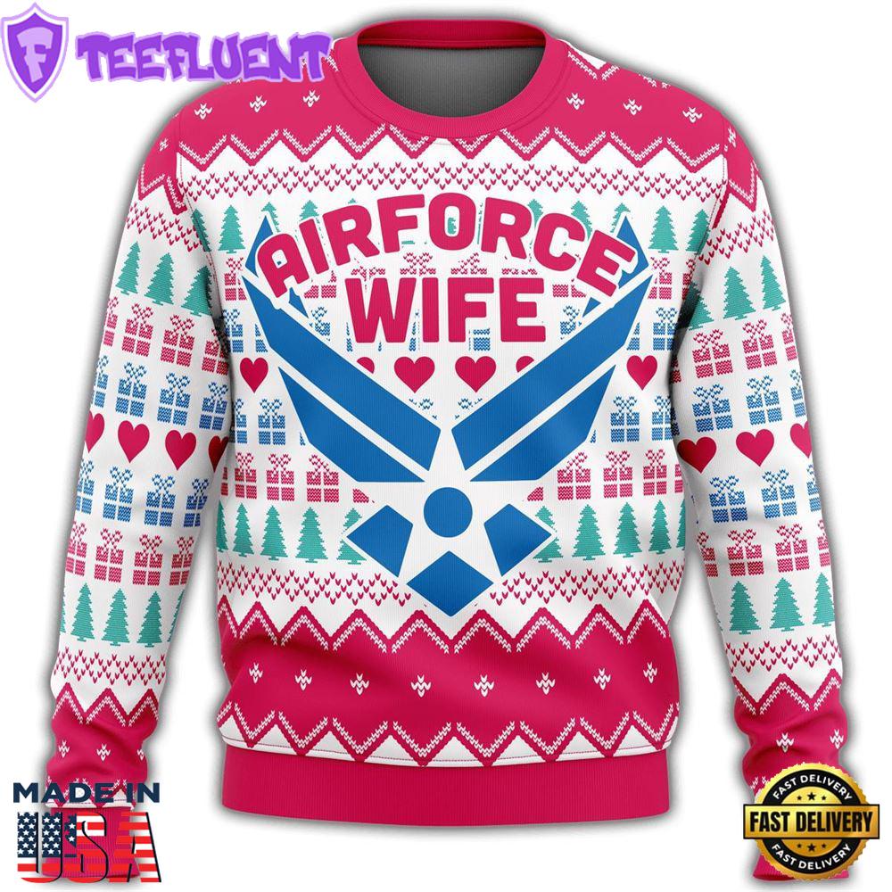Unifinz Veteran Sweater Air Force Wife Christmas Pattern White Pink Veteran Christmas Ugly Sweater