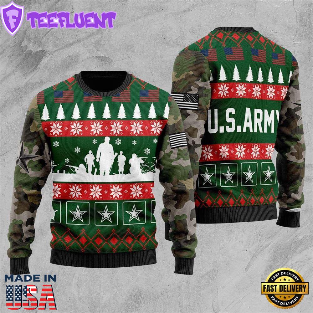 Unifinz Veteran Sweater United States Army Camo Green Veteran Christmas Ugly Sweater