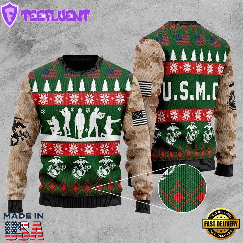 Unifinz Veteran Sweater United States Marine Corps Camo Green Veteran Christmas Ugly Sweater