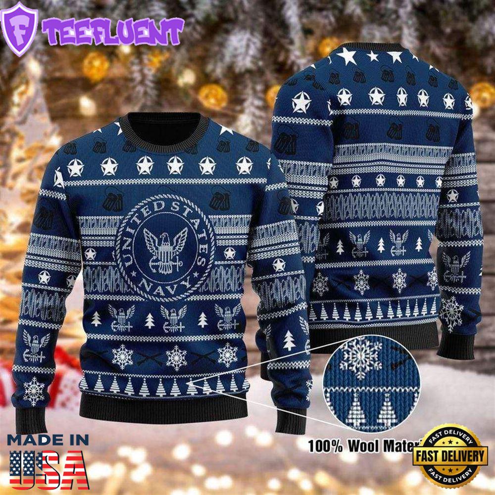 Unifinz Veteran Sweater United States Navy Stars Christmas Pattern Blue Ugly Sweater