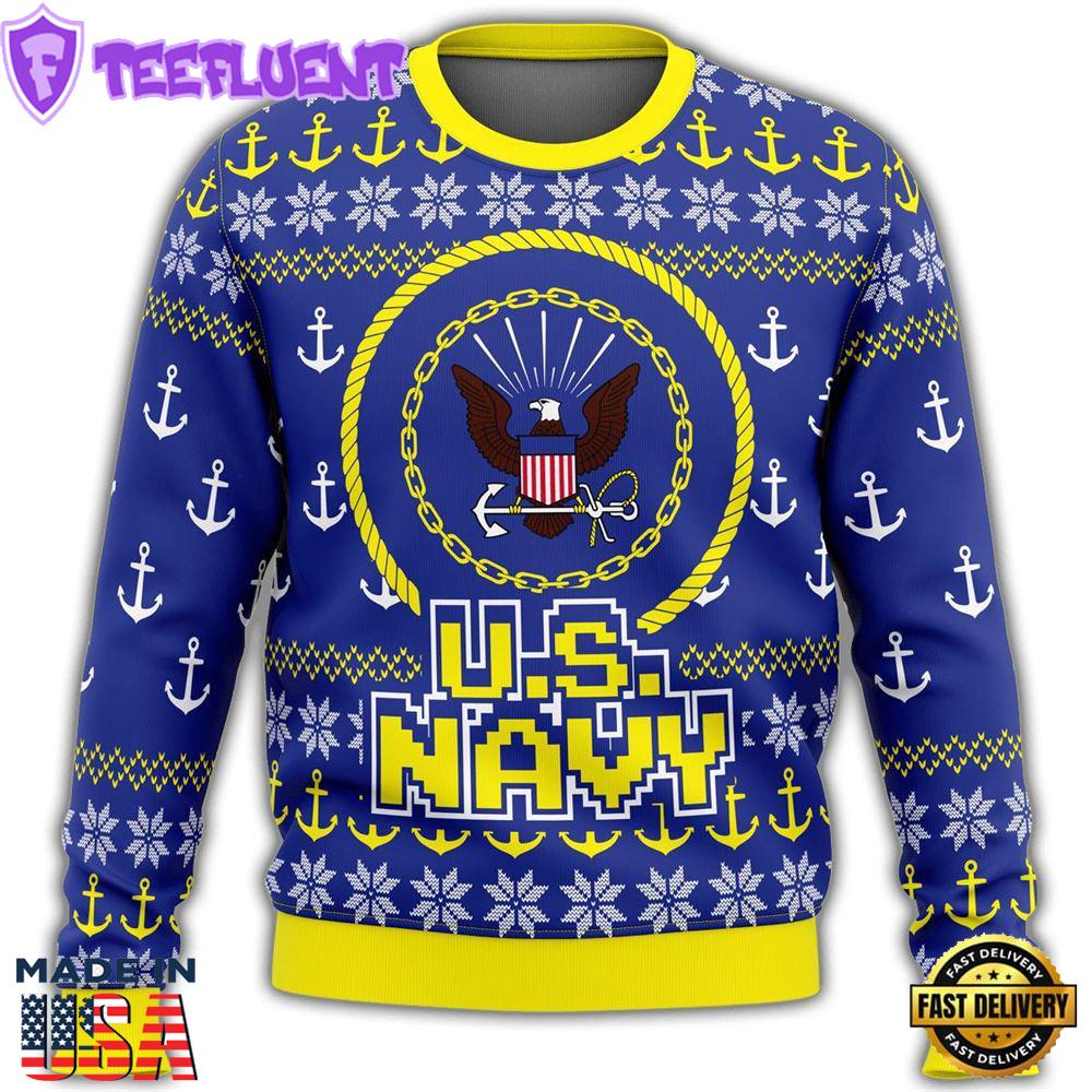 Unifinz Veteran Sweater Us Navy Anchor Pattern Blue Yellow Veteran Christmas Ugly Sweater
