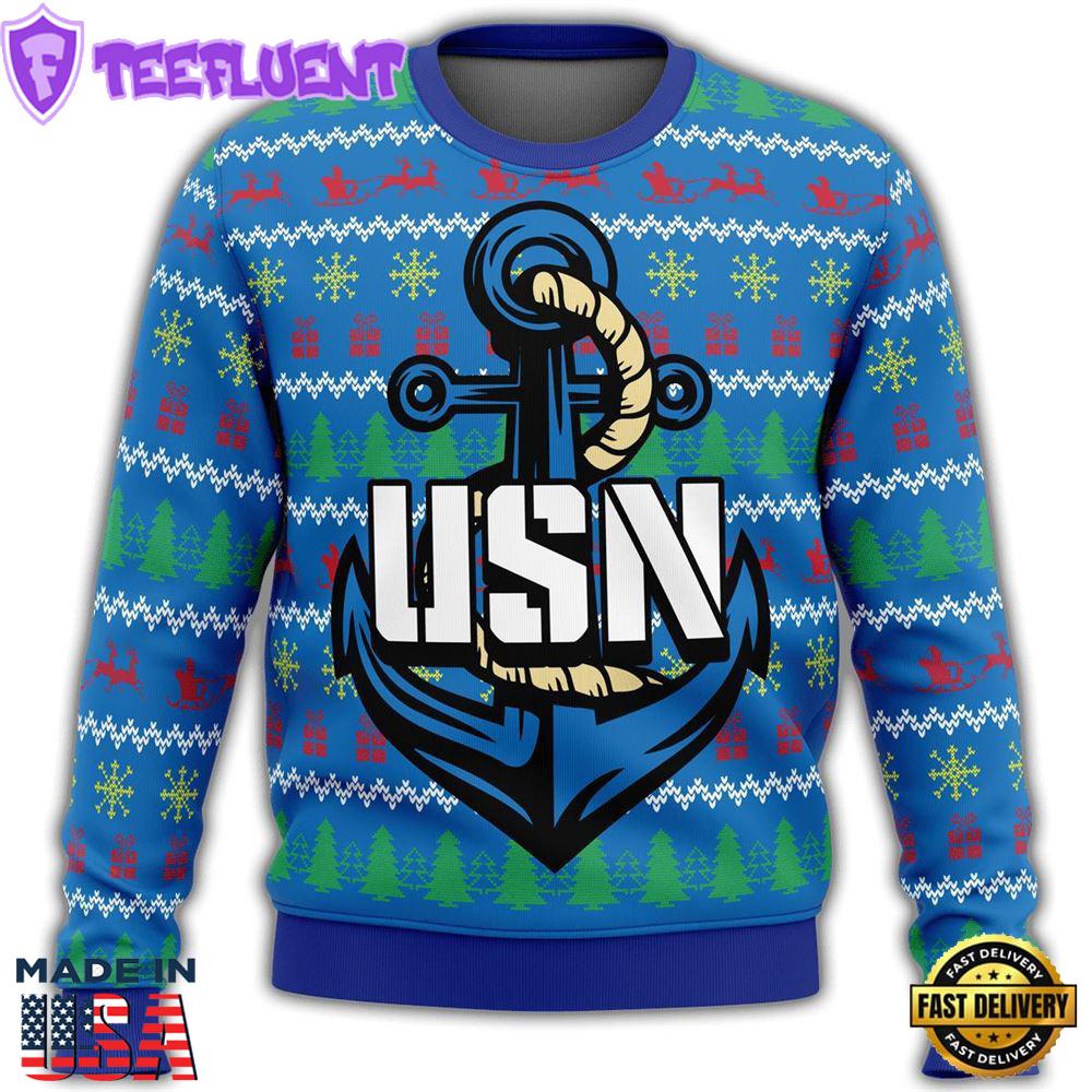 Unifinz Veteran Sweater Us Navy Anchor Veteran Christmas Pattern Blue Ugly Sweater