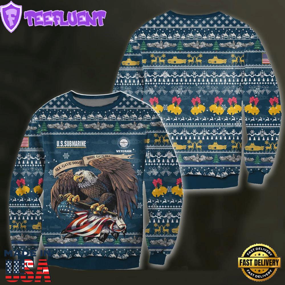 Unifinz Veteran Sweater Us Submarine Veteran Eagle Christmas Pattern Blue Ugly Sweater
