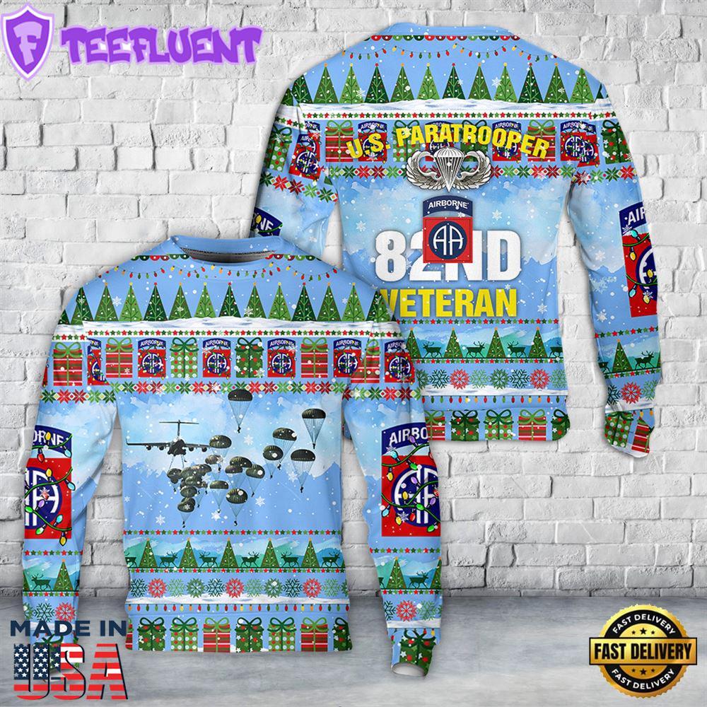 US Army 82nd Airborne Division Veteran Paratrooper Christmas AOP Sweater