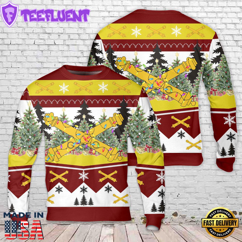 US Army Field Artillery Branch Insignia Christmas AOP Knitted Sweater