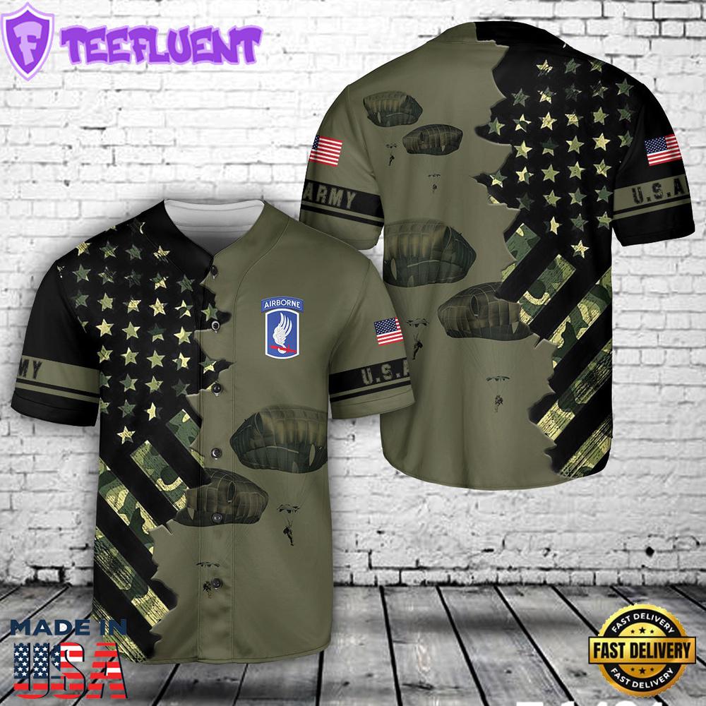 US Army Paratroopers 173rd Airborne Brigade Combat Team descend over the 7th Army Baseball Jersey