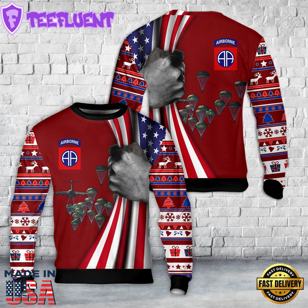 US Army Paratroopers With The 82nd Airborne Division Parachute Christmas AOP Sweater 1