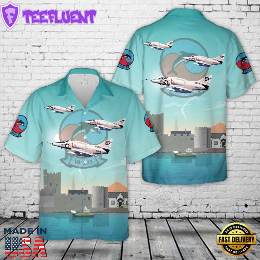 US Navy A-4L Skyhawk Of Attack Squadron 203 (VA-203) Blue Dolphins Hawaiian Shirt