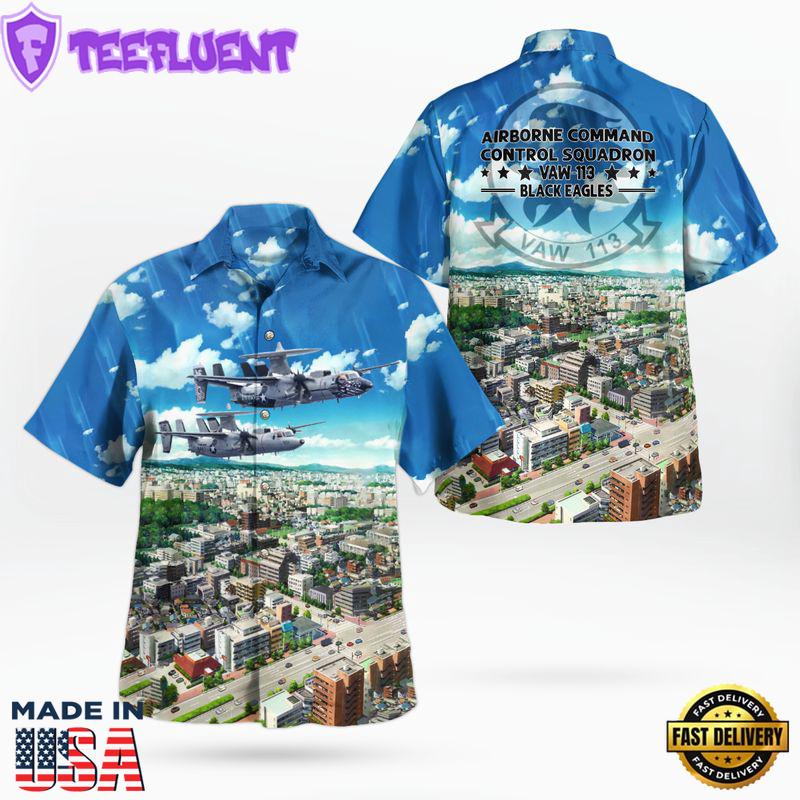 US Navy Airborne Command & Control Squadron 113 (VAW-113) E-2A Hawkeye Black Eagles Hawaiian Shirt
