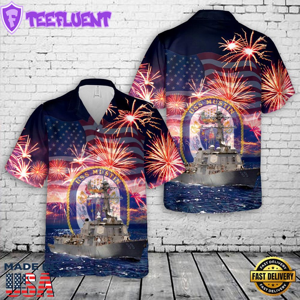 US Navy USS Mustin DDG-89 Toujours L'Audace, 4th Of July Hawaiian Shirt