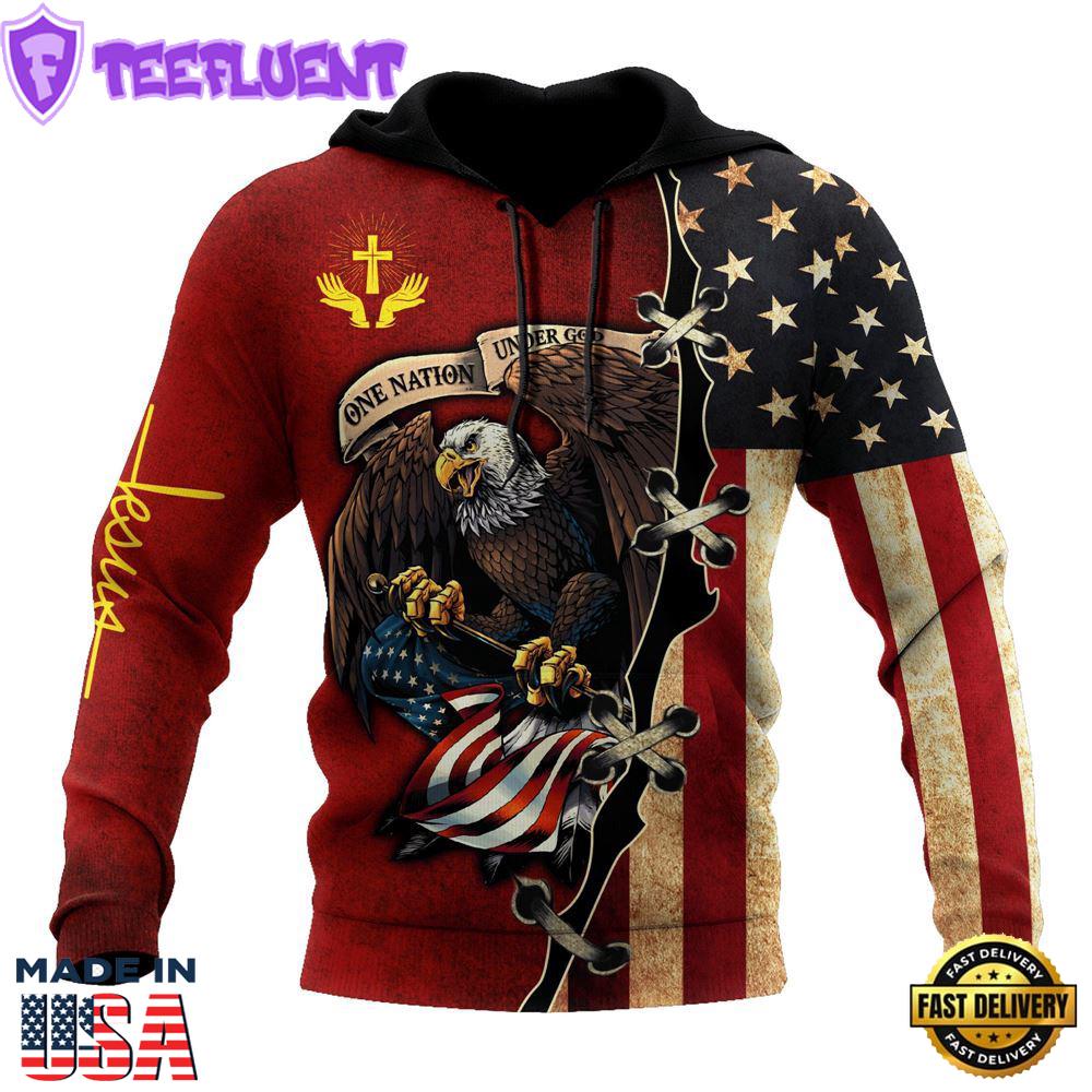 US Veteran Jesus Eagle And Flag America One Nation Under God 3D Hoodie
