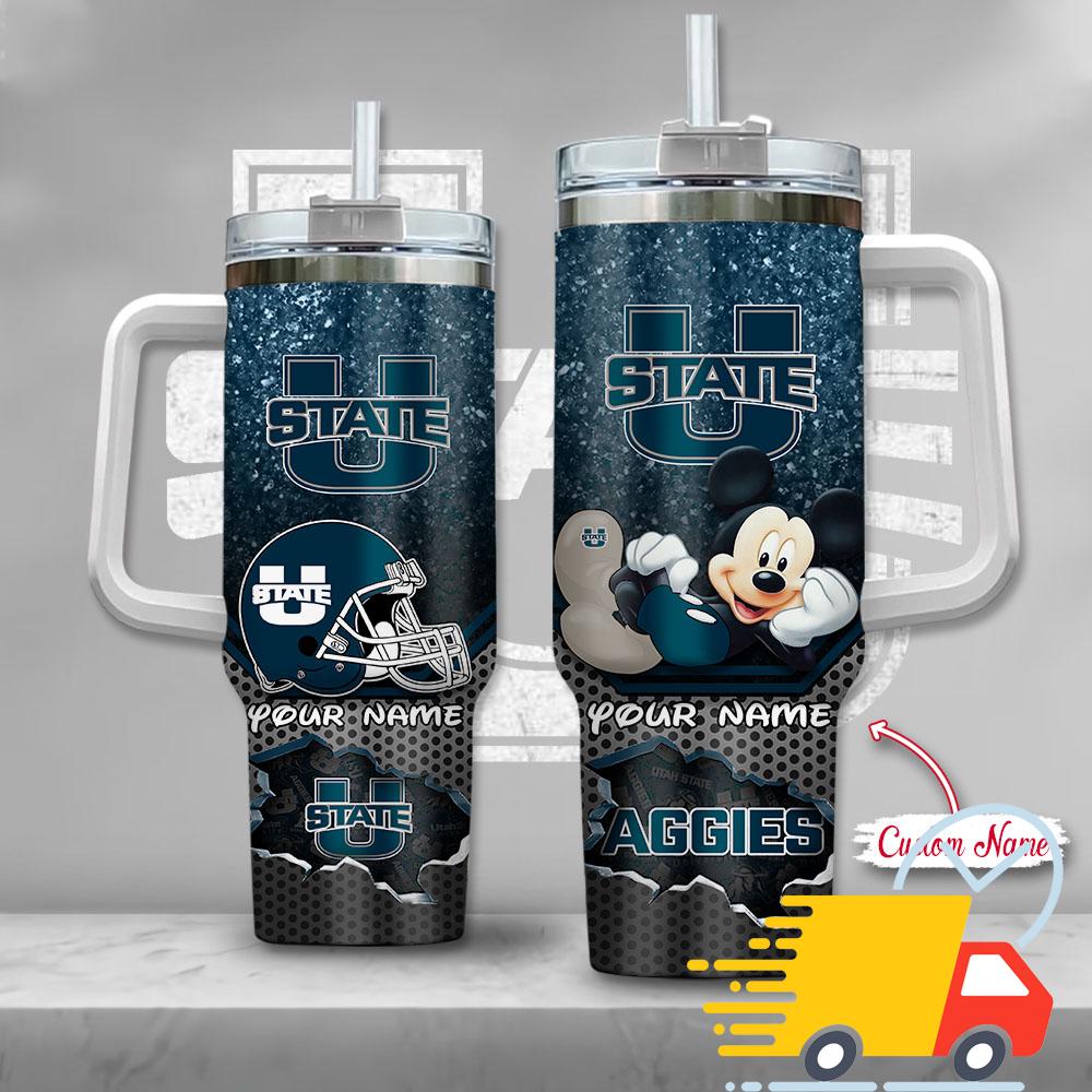 Utah State Aggies NCAA Mickey Mouse Custom Stanley Quencher 40oz Stainless Steel Tumbler With Handle