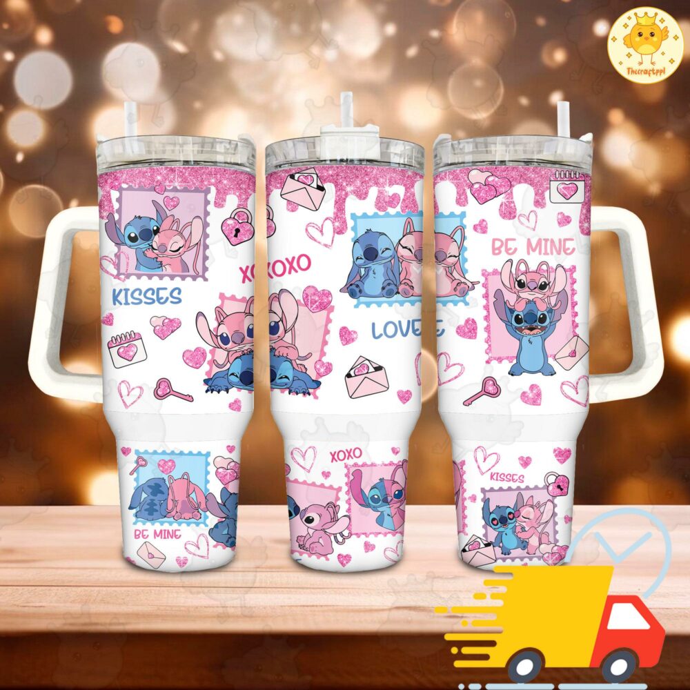Valentine Stitch Disney Cartoon Custom Stanley Quencher 40oz Stainless Steel Tumbler With Handle