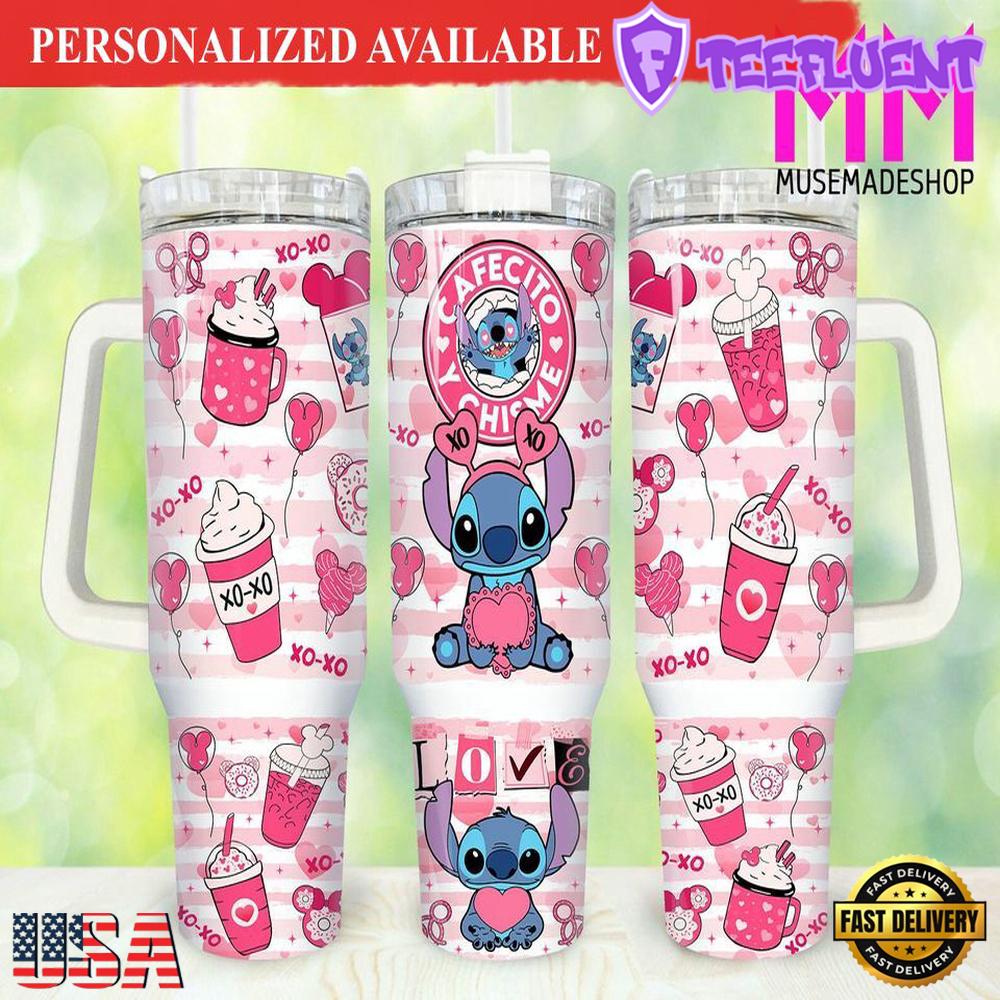 Valentines Stitch Cartoon 40oz Tumbler Happy Valentines Day - 40oz Tumbler with Handle