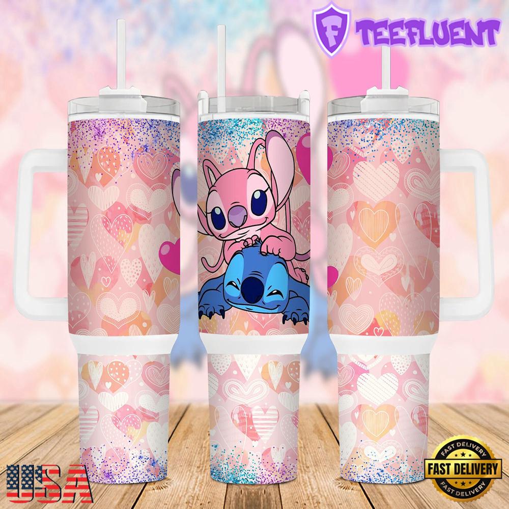 Valentines Stitch Disney Cartoon Cute Stainless Steel Tumbler 40Oz With Handle