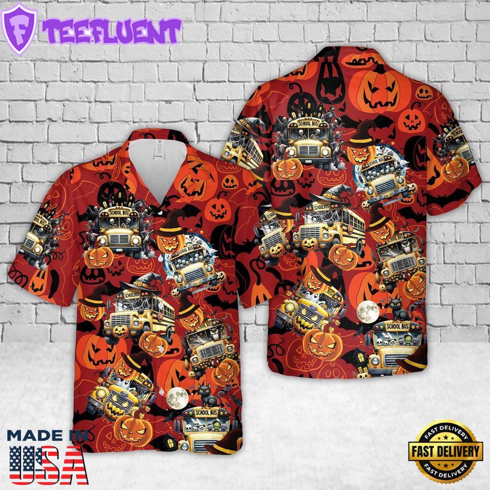 Veteran Halloween, Halloween School Bus Hawaiian Shirt