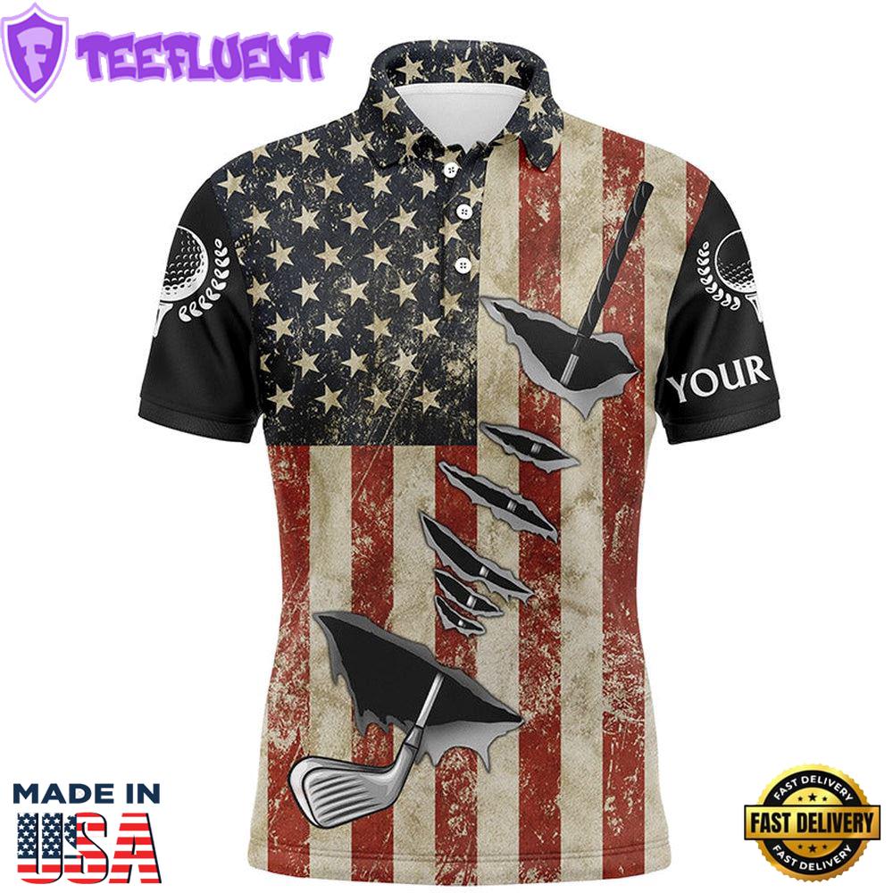 Vintage American Flag Golf Clubs Mens Golf Polo Shirts Custom Name Patriotic Golf Gifts